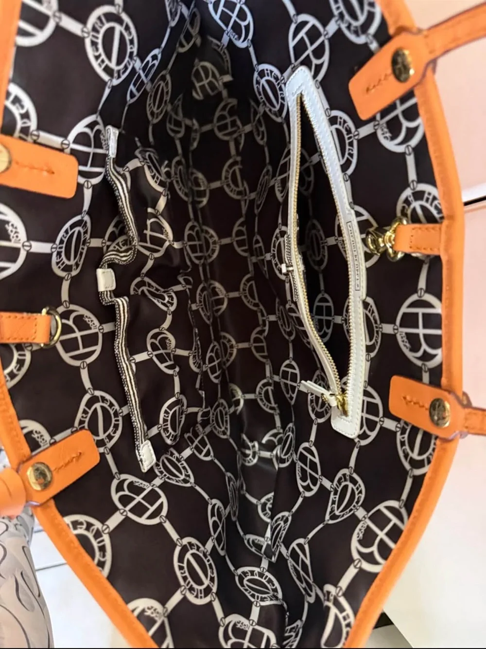 henri bendel Orange Leather Shoulder Tote with Logo Charm